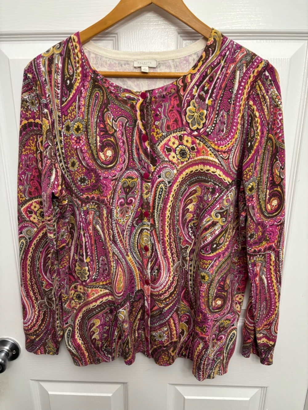 Talbots Pink/Gold/Brown Paisley 100% Cotton Quiet Luxury Old Money Cardigan, 1X